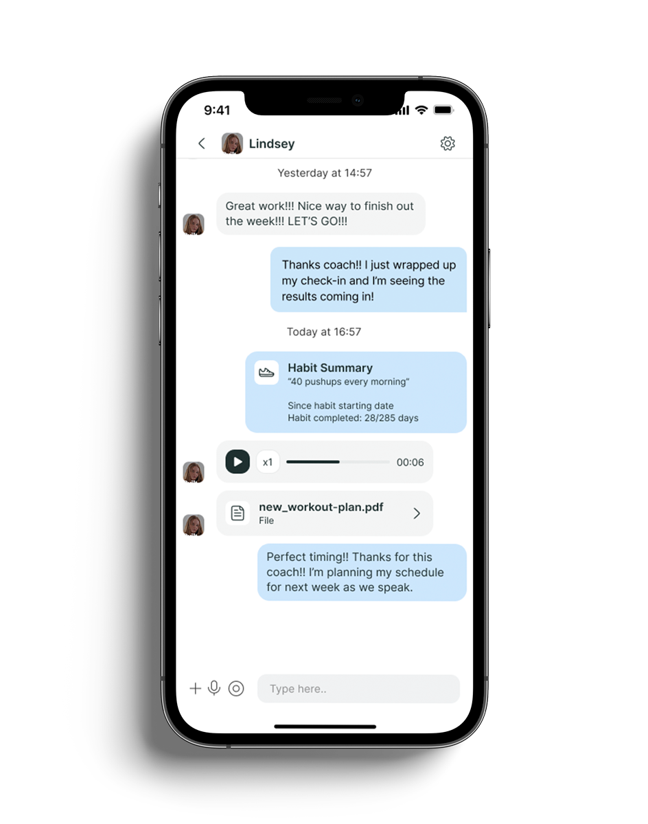 A mockup of the coaching app showcasing the different features.